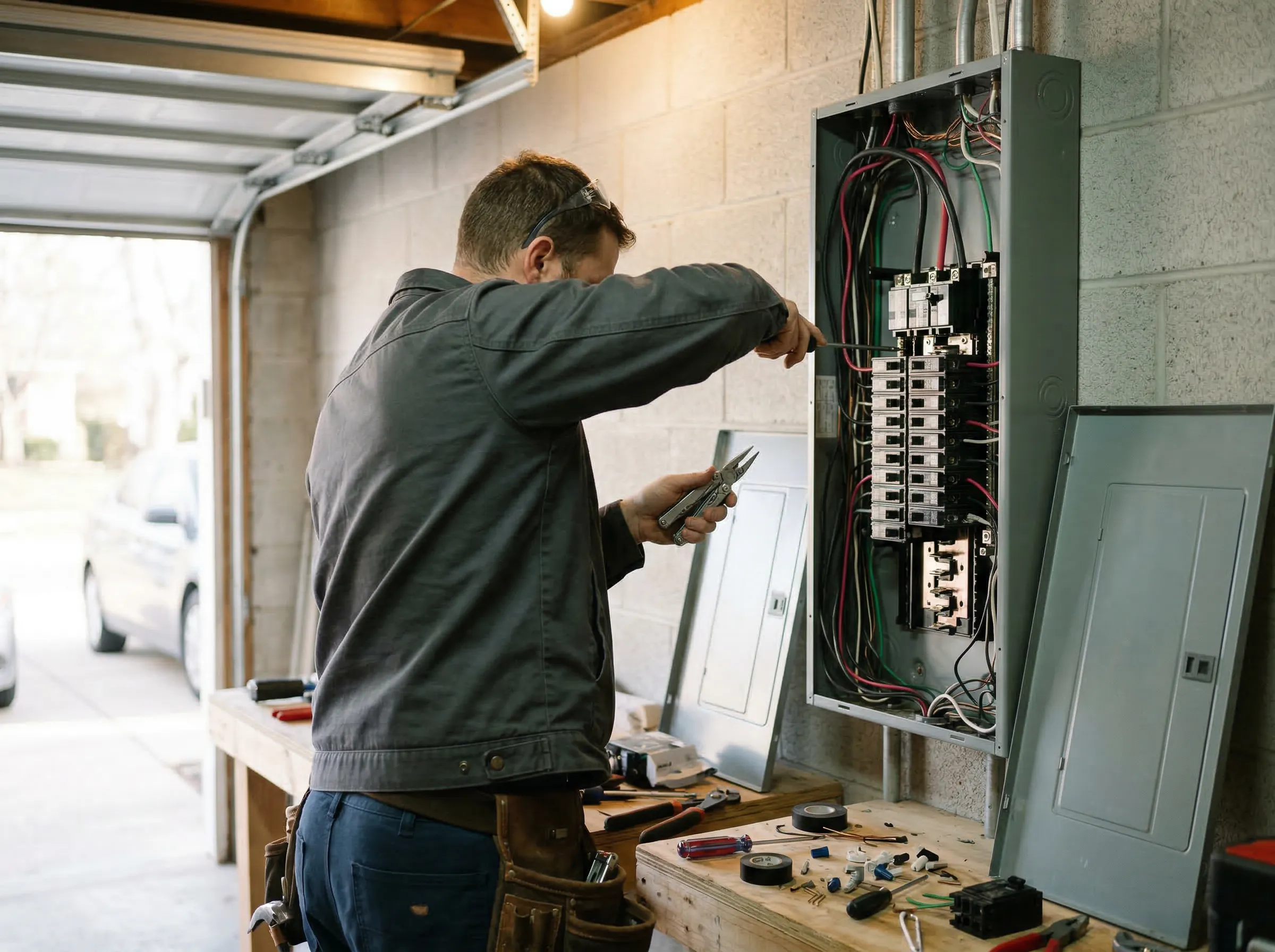 Local Pennsylvania electrical expert testing circuits on a Bucks County job site